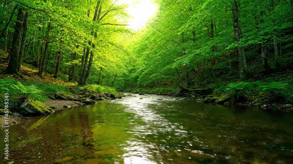 Canvas Prints serene timelapse of a clear river flowing through a lush green forest, showcasing the dynamic interp