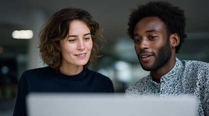 Two coworkers discussing project strategy while working on laptop in contemporary office environment coworkers, business meeting, teamwork, collaboration, diversity, technology, st