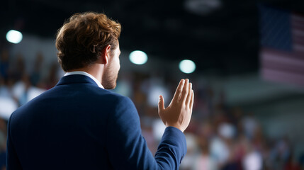 Charismatic man speaking from stage with American flag in background, addressing large audience in auditorium politics, leadership, public speech, patriotism, motivation, communica