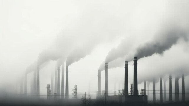 Aerial video captures a row of industrial chimneys emitting smoke into a foggy sky, highlighting environmental impact from a high angle. Live desktop wallpaper.