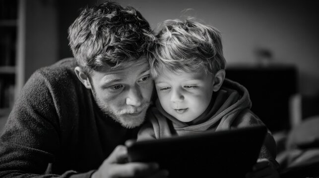 father and son playing with digital tablet no logos no brands ar 169