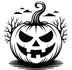 Spooky halloween pumpkin with scary face and branches on transparent background silhouette