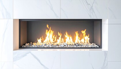 Modern fireplace nestled in a white marble tiled wall.  Flames dance over decorative stones