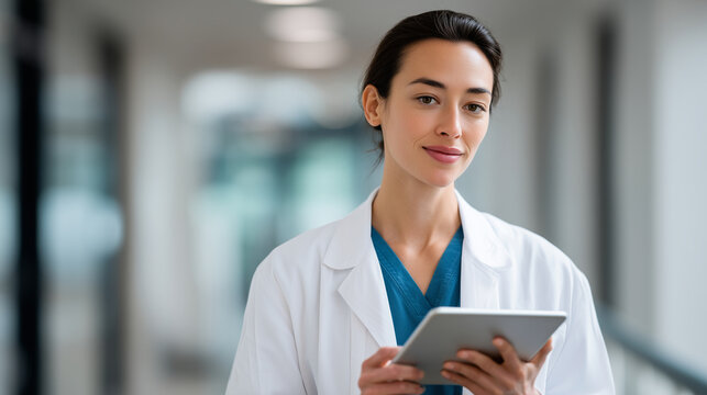 Confident female physician analyzing electronic medical data on tablet in bright hospital corridor healthcare, doctor, medicine, technology, medical innovation, digital health, hos