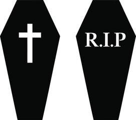 Obraz premium Two black coffins with crosses and rip text on transparent background silhouette