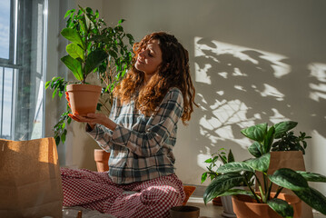 Woman in pajamas holding a young fiddle leaf fig plant in a terracotta pot, soaking up natural...