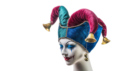 Vibrant multicolored jester hat on display with iconic bells and whimsical styling isolated on transparent background PNG