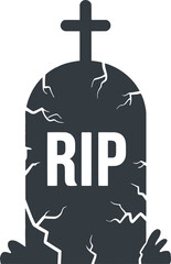 Dark tombstone with rip inscription and cracks on transparent background silhouette