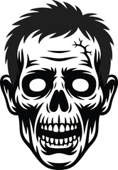 Detailed zombie head illustration with hair cracks and teeth silhouette on transparent background