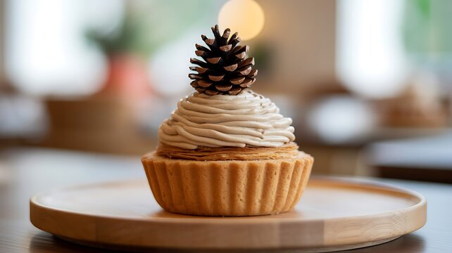 Delicious mont blanc cake topped with a pine cone on a wooden plate