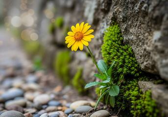 Single yellow daisy growing from mossy stone wall yellow flower 1