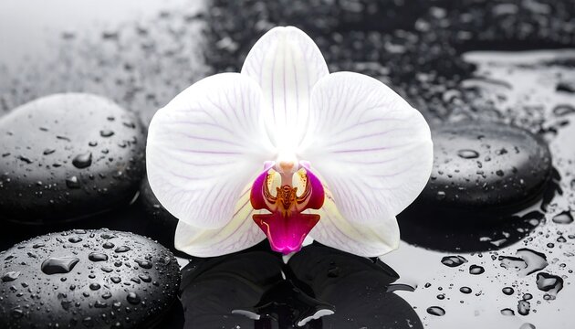 White orchid flower with spa stones and water drops, zen or wellness concept