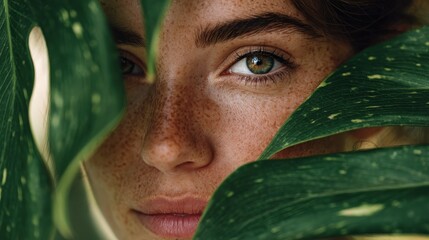 close up face of beautiful young woman covering her face by green monstera leaf while looking at camera portrait of beauty woman with natural makeup and freckles standing behind big green leaves no l
