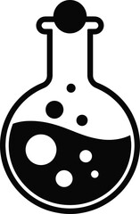 Black flask with liquid and bubbles a simple graphic silhouette on transparent background