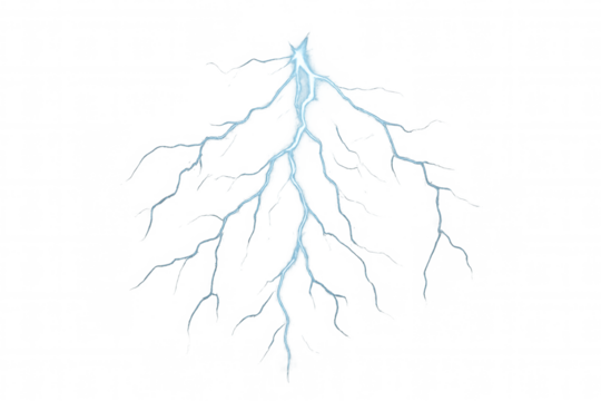 Lightning bolt striking down with blue energy discharge, electrical flare and thunder effect on transparent background