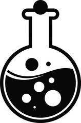 Black chemistry flask with liquid and bubbles on transparent background silhouette