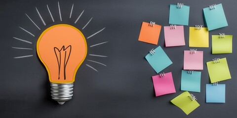 A light bulb illustration signifies ideas, surrounded by colorful sticky notes, symbolizing creativity and brainstorming.