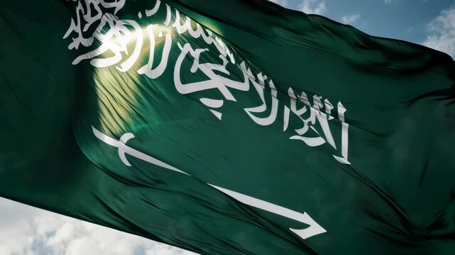 A green flag with white calligraphy and a sword waves against a cloudy blue sky