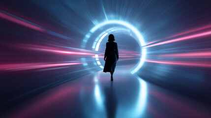 Woman entering a digital portal futuristic cyber world of neon lights and technology future, cyberpunk, neon, digital world, technology, virtual reality, sci-fi, metaverse, data st