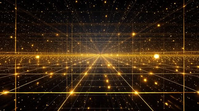 Immersive view from inside an infinite three-dimensional grid of glowing nodes and connections, stretching endlessly to the horizon, symbolizing data networks, connectivity, artificial intelligence, a