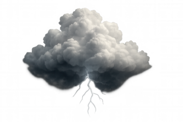 Dark storm cloud producing bright lightning bolt on transparent background, symbolizing danger and extreme weather phenomena