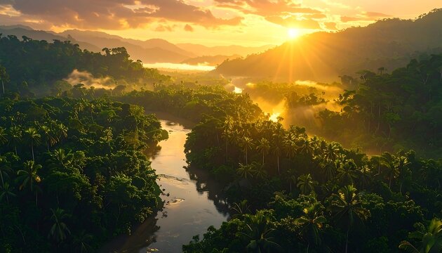 Stunning aerial view of a river winding through a lush green rainforest at sunrise
