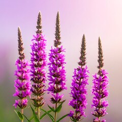 Naklejka premium Four vibrant magenta flowers in soft focus, tall spires against a pastel background