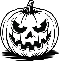 Detailed carved pumpkin illustration with spooky face on transparent background silhouette