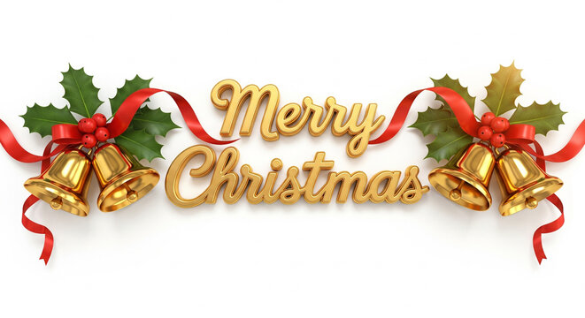 Festive Merry Christmas greeting in elegant golden 3D text, decorated with shiny jingle bells, red ribbons, and holly on a white background