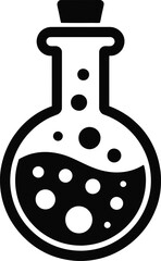 Simple black potion bottle with liquid bubbles on transparent background silhouette