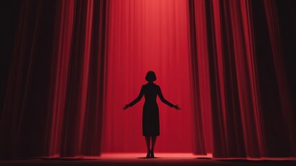businesswoman on stage with red curtains leadership concept no logos no brands ar 169