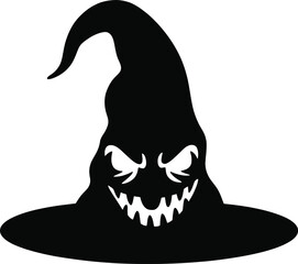 Spooky halloween witch hat with a scary face on transparent background silhouette