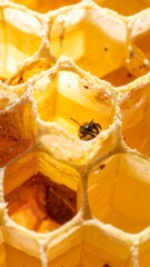 Close-up view of honeycombs with a bee