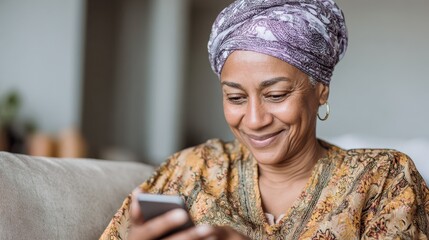 smiling middle aged african woman with traditional head turban sitting on couch at home using smartphone beautiful african american woman with typical headscarf scrolling through internet on phone no