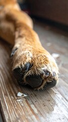 Close-up of a golden retriever paw resting on a weathered wooden surface