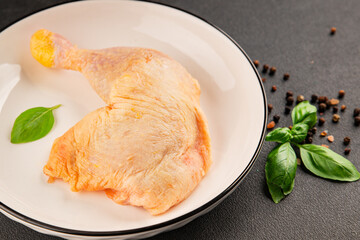Chicken thigh raw fresh farm meat poultry dish natural product tasty snack fresh delicious gourmet food background on the table rustic top view copy space