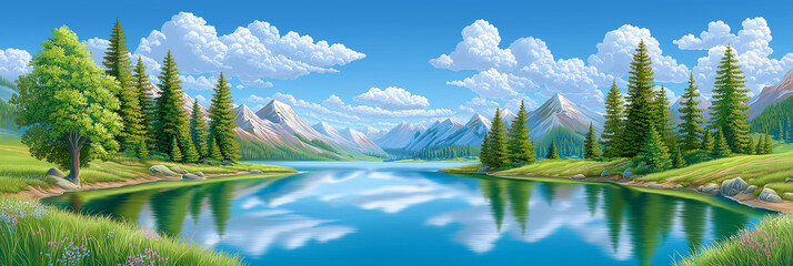 Cute cartoon of panoramic landscape photograph of a stunning, tranquil mountain scene,lake,forest ,mountain,  sunny day.