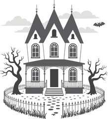 Fototapeta premium Spooky haunted house illustration with a bat trees and fence silhouette on transparent background