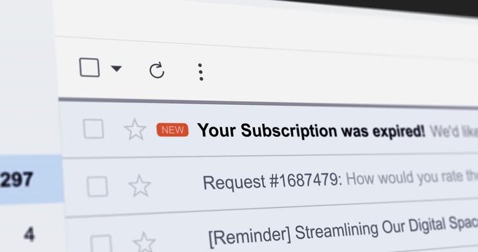 Incoming email with title "Your Subscription was expired", new e-mail with membership extension notification, service renewal, webmail interface close up footage