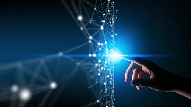 Futuristic technology interface activation with hand touching glowing network in dynamic video sequence, innovative digital solutions, connection, and progress