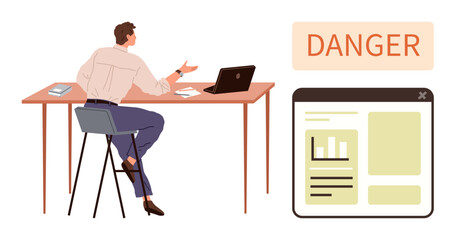 Man gesturing at a desk with a laptop, tablet, and documents, paired with a danger alert and digital data screen. Ideal for cybersecurity, safety awareness, online risks, decision-making, workplace