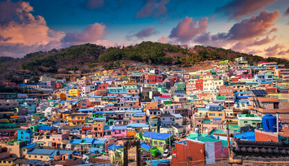 Gamcheon Culture Village at sunset in Busan city, South Korea.
