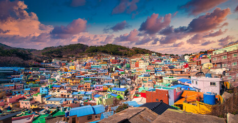 Gamcheon Culture Village at sunset in Busan city, South Korea.