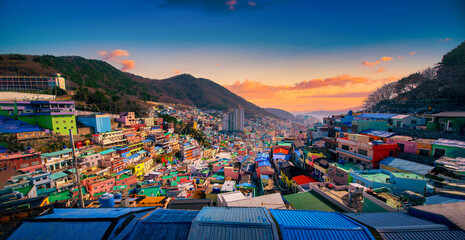 Gamcheon Culture Village at sunset in Busan city, South Korea.