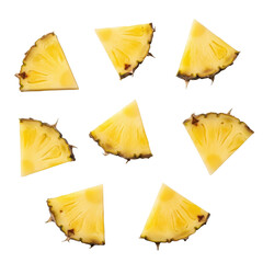 Naklejka premium Fresh, juicy, golden yellow pineapple slices, triangularly cut with brown rind, scattered on a transparent background, top-down studio shot, concept of healthy tropical freshness