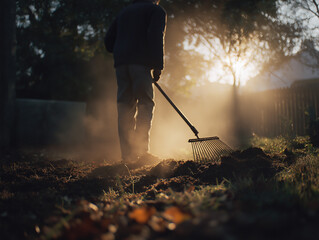 Gardener raking soil in golden light at sunrise, paysagiste jardinier travaillant la terre au petit matin, entretien du sol, am&eacute;nagement paysager, nature, &eacute;cologie, travail manuel, rateau