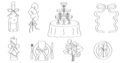 Fototapeta premium Wedding decoration line art set with champagne, flowers and table setting