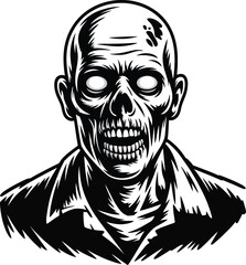 Detailed zombie head illustration in monochrome perfect for spooky designs silhouette on transparent background