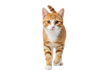 Young orange and white tabby cat with golden eyes and pink nose walking towards viewer, one paw lifted, curious and alert, on plain white background with copy space, professional studio pet
