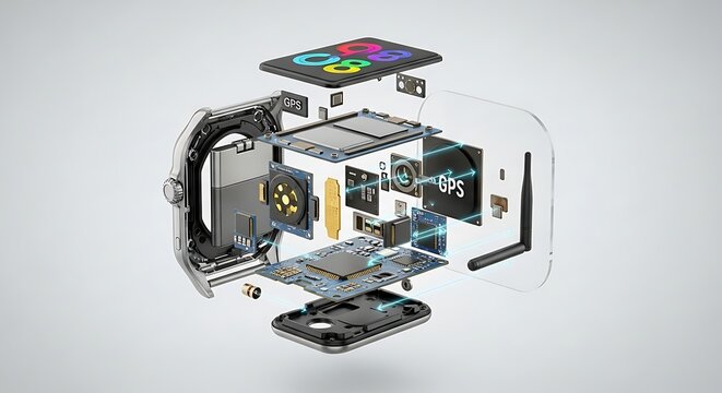 Exploded View of Advanced Smart Device Revealing Intricate Internal Electronic Components and Technology